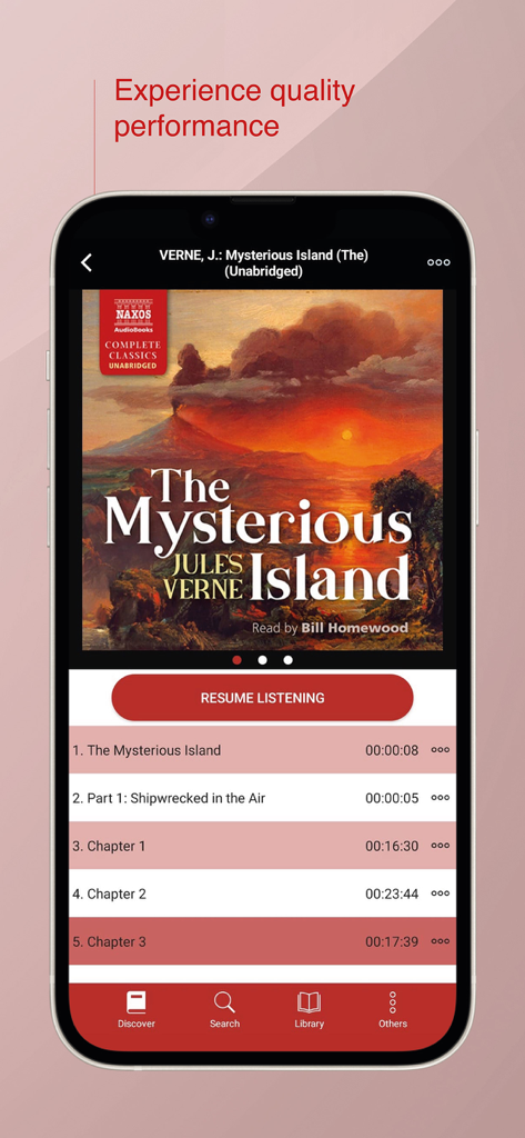 Pantalla del reproductor de la aplicación NSWL con el audiolibro La Isla Misteriosa de Julio Verne.