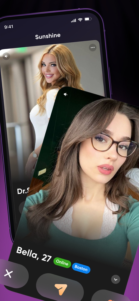 SunShine-App-Oberfläche, die Profile von Personen zeigt, die für emotionale Unterstützung und Verbindung verfügbar sind.