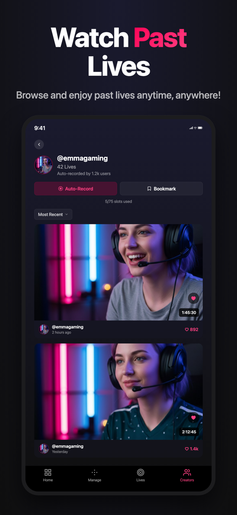 LiveRec - 녹화된 과거 라이브 스트림 목록을 시청할 준비가 된 크리에이터 프로필을 보여주는 LiveRec 앱 인터페이스