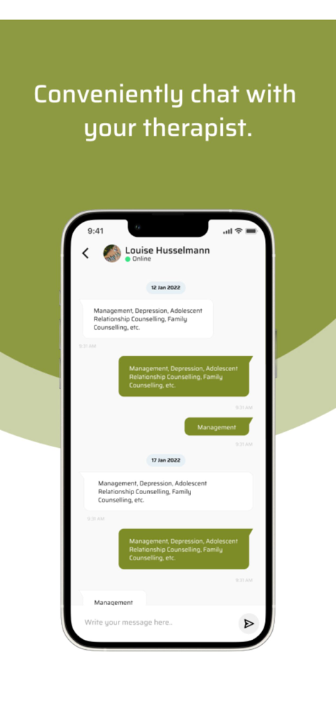 Chat interface in the Syked app showing a private conversation with a professional therapist.
