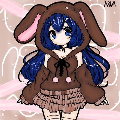 pretty anime girl wearing a fluffy hoodie with bunny ears on the hood and a skirt