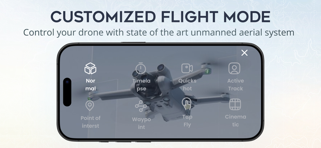 Interface of the Fly Go 4 app displaying various customized flight modes for drone control on a smartphone screen