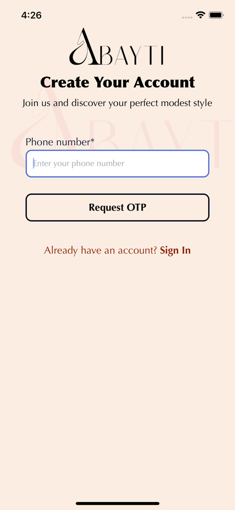 Sign up page for 3bayti app where users can enter their phone number to discover modest Emirati fashion styles.