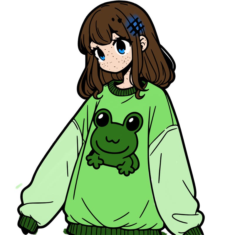 girl wearing frogging sweatshirt