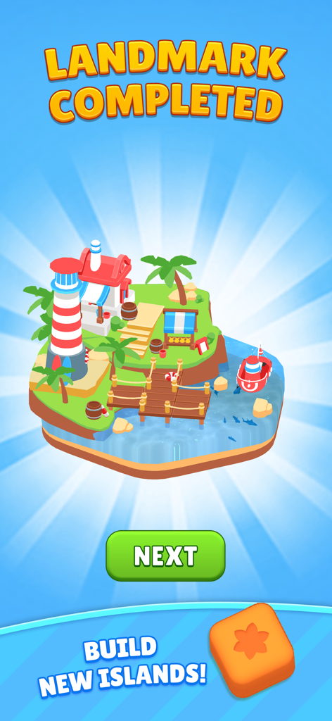 Sorting Cube Jam - Pantalla de hito completado mostrando una colorida isla tropical y un faro en Sorting Cube Jam