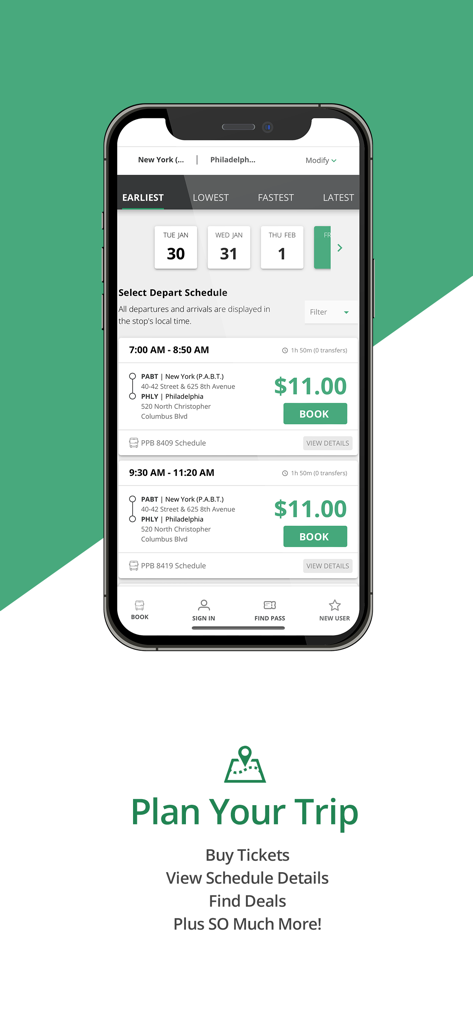 Peter Pan Bus Lines - Peter Pan Bus Lines mobile app screen displaying bus schedules from New York to Philadelphia with departure times and fares