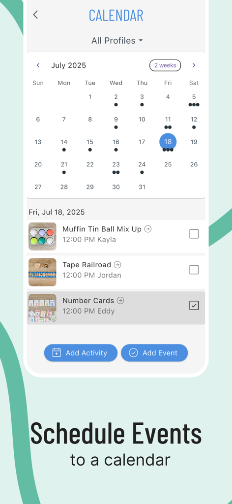 Eine mobile App-Oberfläche, die einen Monatskalender mit geplanten Kinderaktivitäten wie Muffin-Blech-Ball-Mischung und Klebeband-Eisenbahn anzeigt.