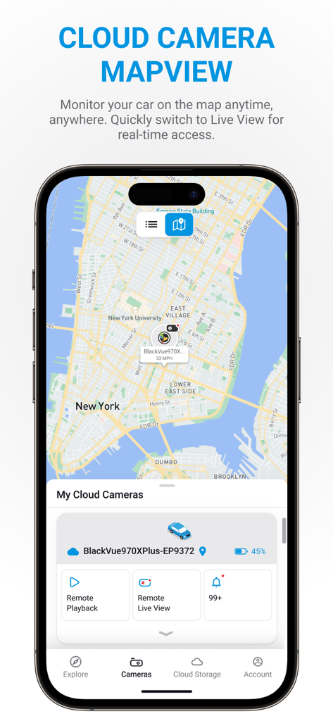 Interface da aplicação BlackVue mostrando rastreio GPS em tempo real e a localização do veículo num mapa