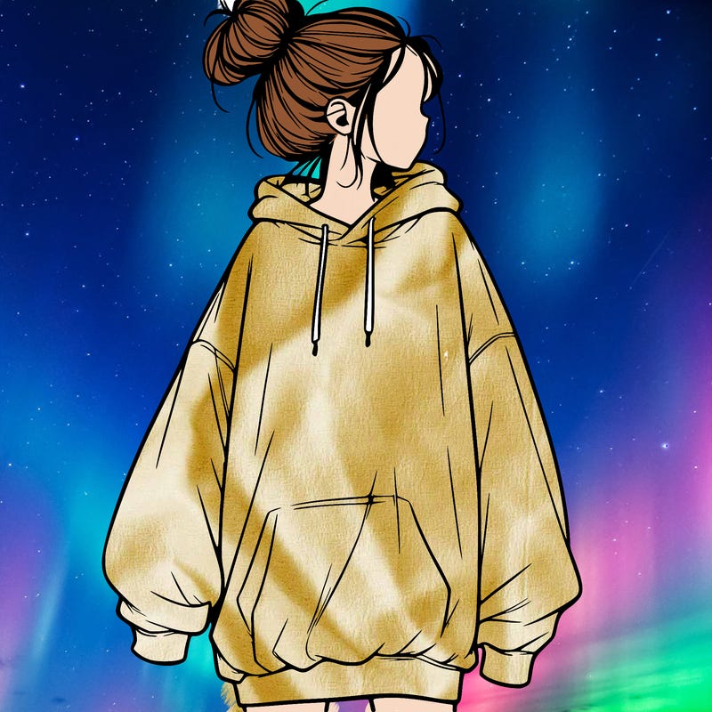 realistic girl with a oversized sweatshirt on and a bun