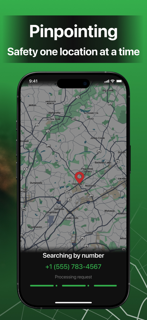 Family GPS Phone Location Life - iPhone screen showing a GPS map with a location pin and a feature for searching by phone number.