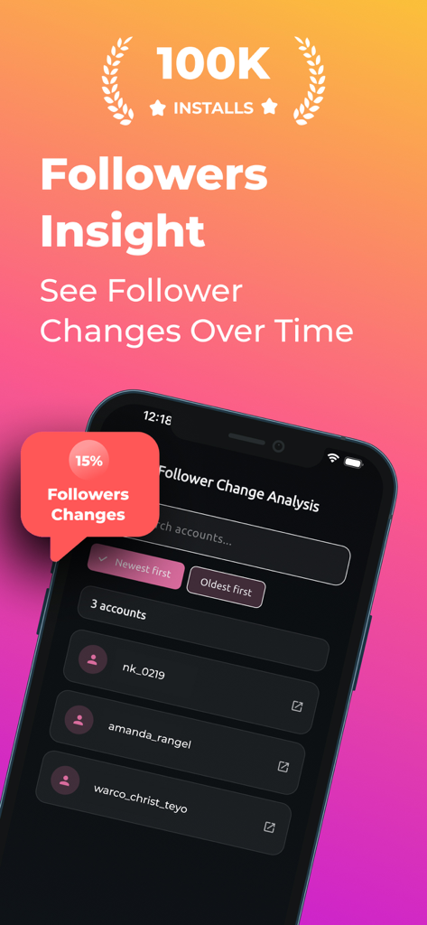 Unfollow Tracker:Follow Report - Unfollow Tracker app interface showing follower change analysis and a list of account updates.