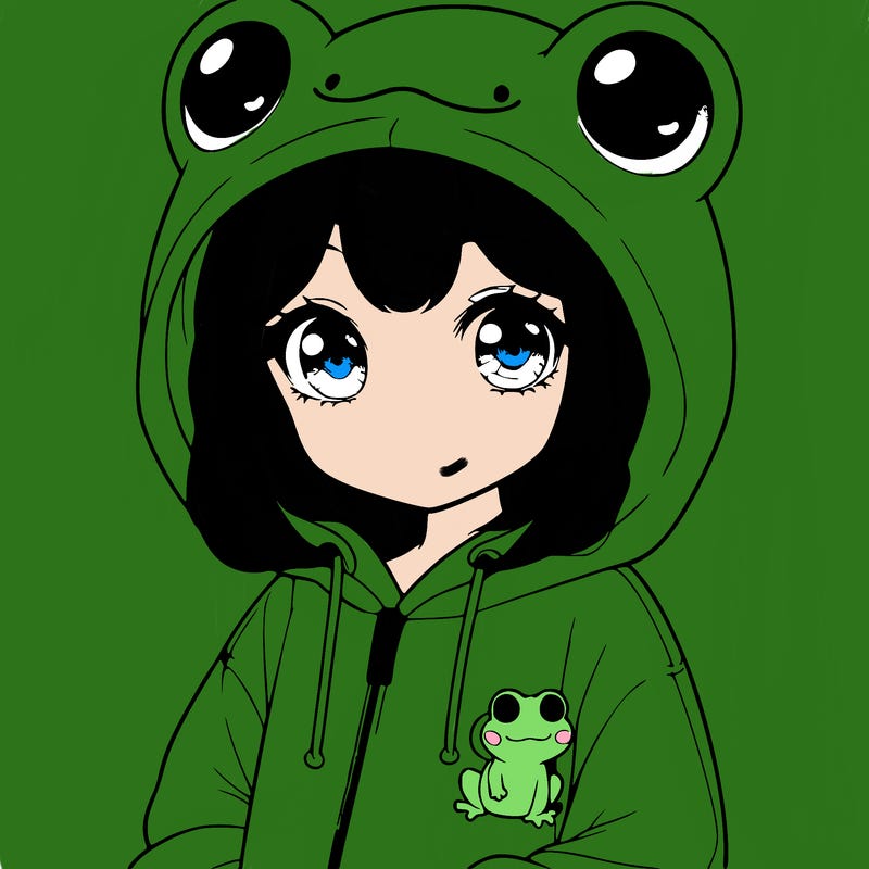 cute realistic girl in a froggy hoodie