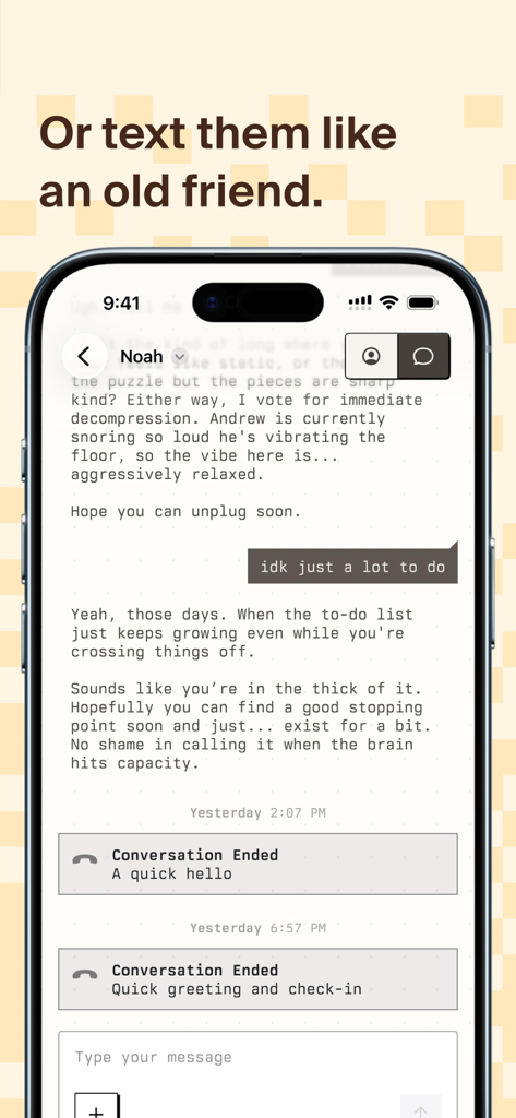 PALs by Tavus: AI Companions - A mobile interface showing a text conversation with an AI companion named Noah offering emotional support and empathetic messages.