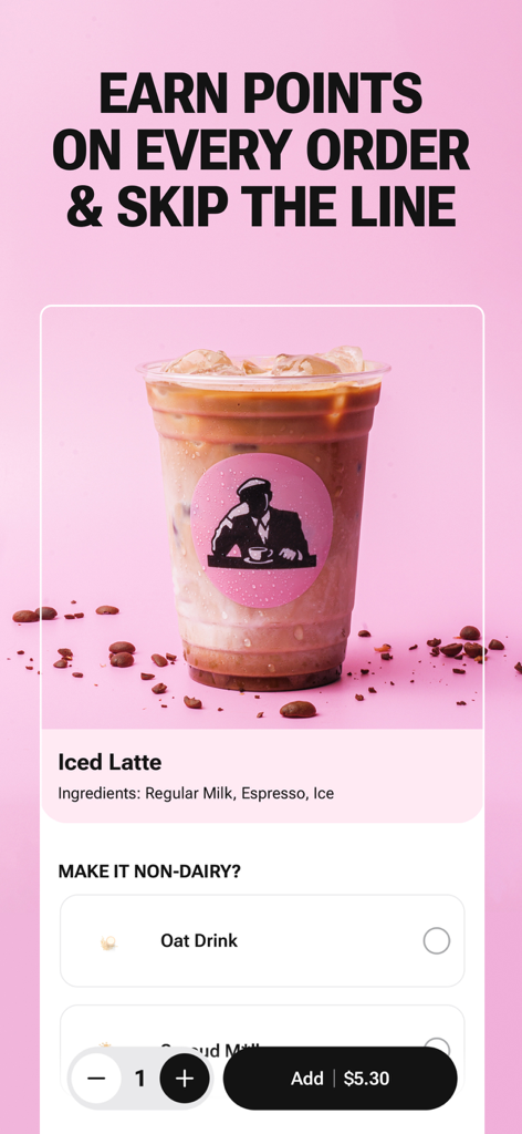 Interface of the JOE THE JUICE app showing an iced latte customization and skip the line message.
