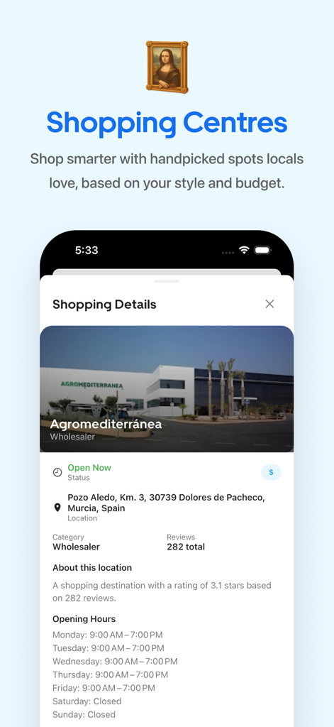 Travy: Plan Trips & Itinerary - 쇼핑 센터 세부 정보 및 현지 추천을 표시하는 Travy 앱 인터페이스