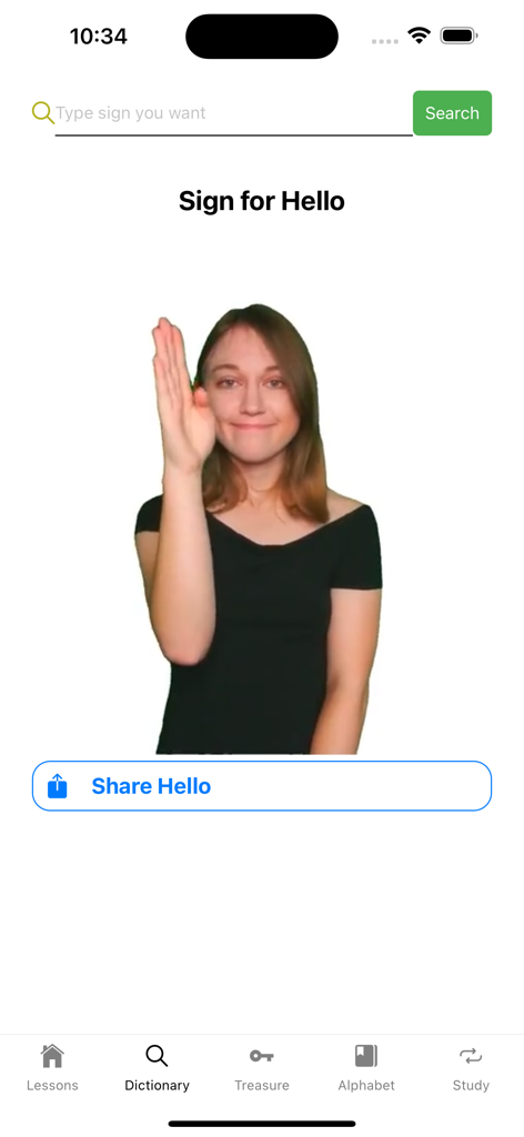ASL learning app showing the sign for hello in the dictionary section