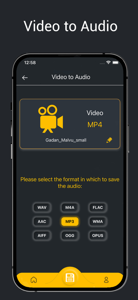 Vocal Remover, Audio Extractor - MP3やWAVなどの複数の形式にオーディオファイルを抽出するためのモバイルアプリインターフェース。