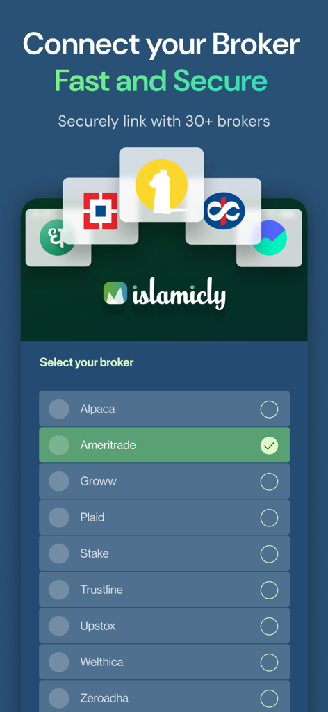 Interfaccia dell'app Islamicly per collegare un conto di intermediazione per il trading conforme alla Sharia
