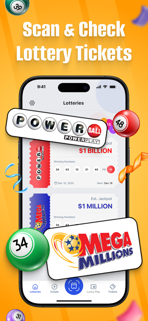 Lottery Ticket Scanner ⁃ Lotto - iPhone screen displaying the Lottery Ticket Scanner app with Powerball and Mega Millions winning numbers and jackpot information.