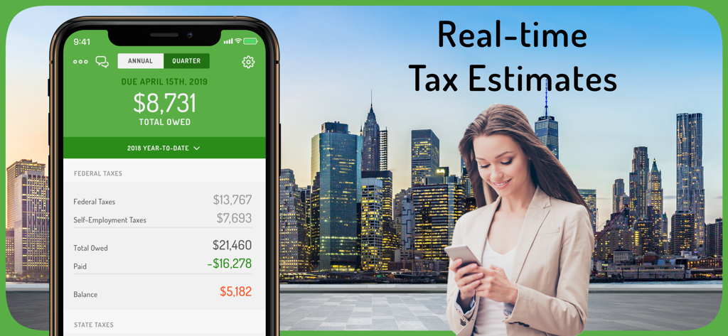 Hurdlr Mileage, Expenses & Tax - Smartphone-Bildschirm zeigt Hurdlr App Echtzeit-Steuerschätzungen für Selbstständige vor einer Stadtsilhouette