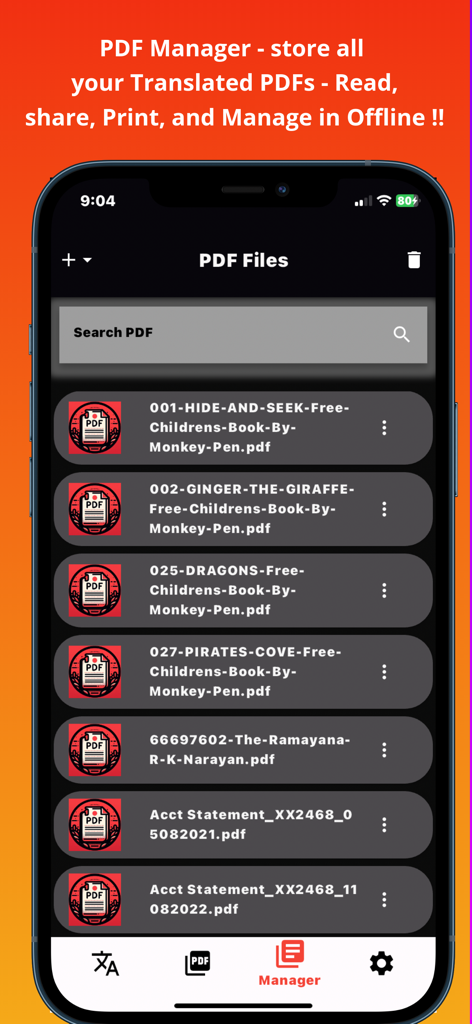 PDF Language Translator - The file manager screen of the PDF Language Translator app showing a list of stored PDF documents