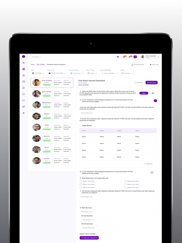 Vessel OPS - Vessel OPS app interface on an iPad displaying a Trip Start Vessel Checklist with crew management and safety compliance questions.