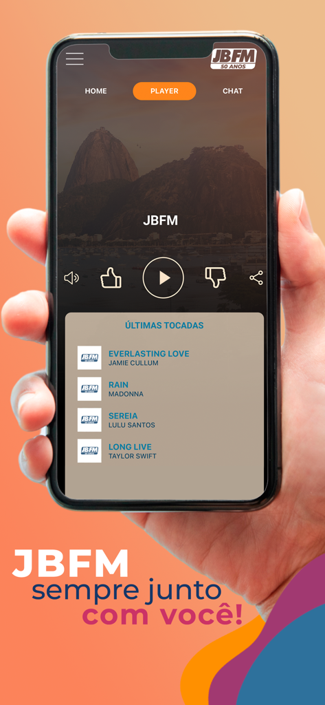 JB FM | 99.9 | RIO DE JANEIRO - A hand holding a phone showing the JB FM 99.9 radio app player with a Rio de Janeiro background.