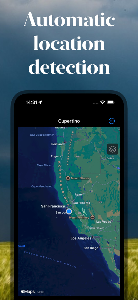 Rain Viewer: Rain Radar Map - Interfaccia dell'app Rain Viewer che mostra il rilevamento automatico della posizione su una mappa radar meteo