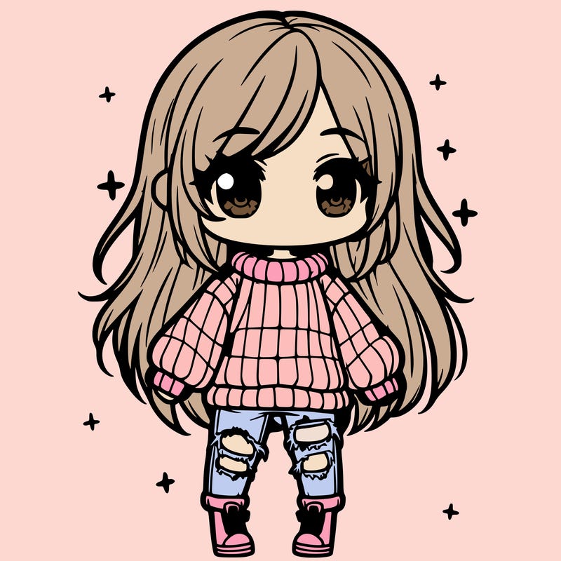 chibi girl with ripped jeans,long hair, and an oversized sweater