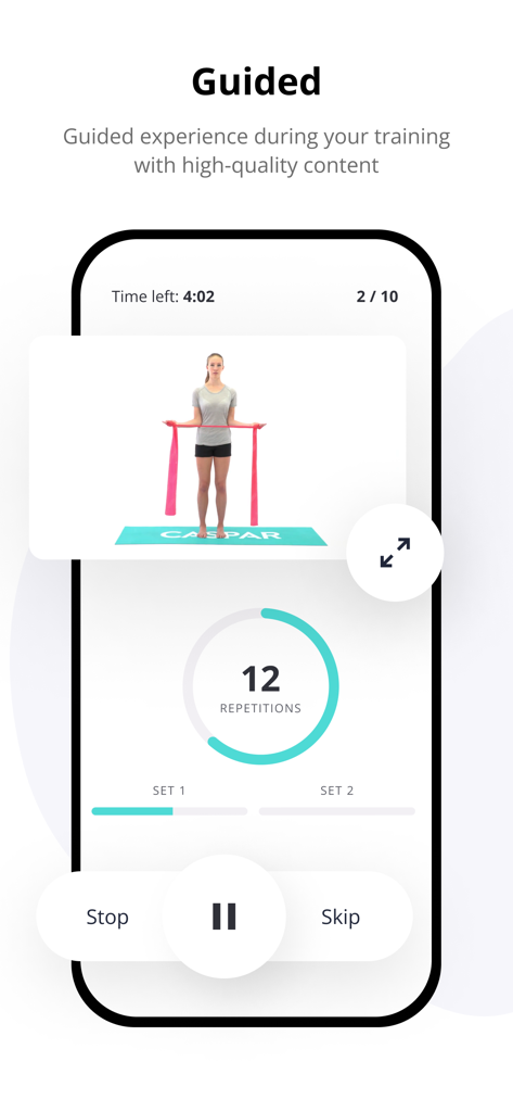 Caspar Health App-Bildschirm, der ein geführtes Rehabilitationsübungsvideo mit einem Widerstandsband und einem Wiederholungszähler zeigt.