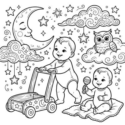 Discover the magic of baby's first steps and playful moments in this enchanting night-time scene. This delightful coloring page captures precious baby milestones amidst a sky full of stars and a friendly moon.