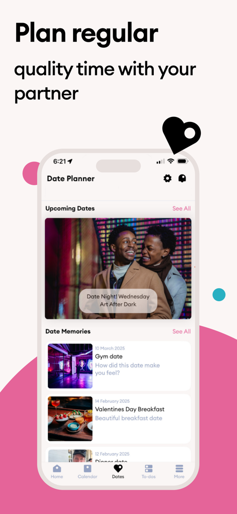 Cupla app Date Planner screen displaying upcoming dates and shared memories for couples