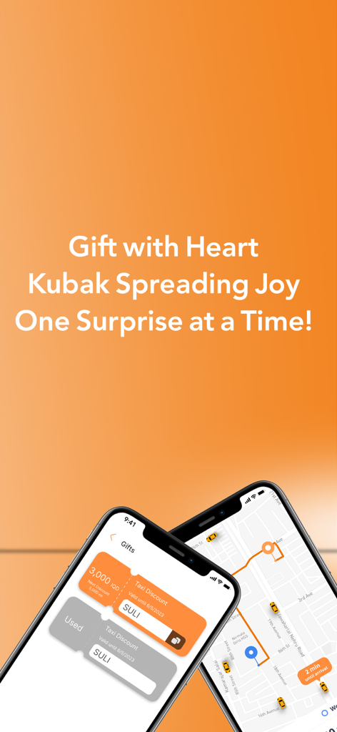 Promotional image for Kubak app showing taxi discount vouchers and live route tracking on mobile devices