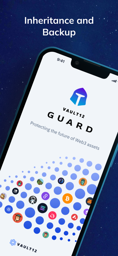 Vault12 Guard mobile app splash screen for crypto inheritance and digital asset backup