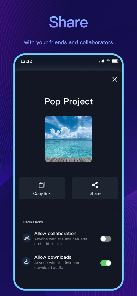Audio Editor - AI Music Editor - A mobile interface for sharing music projects and managing collaboration and download permissions