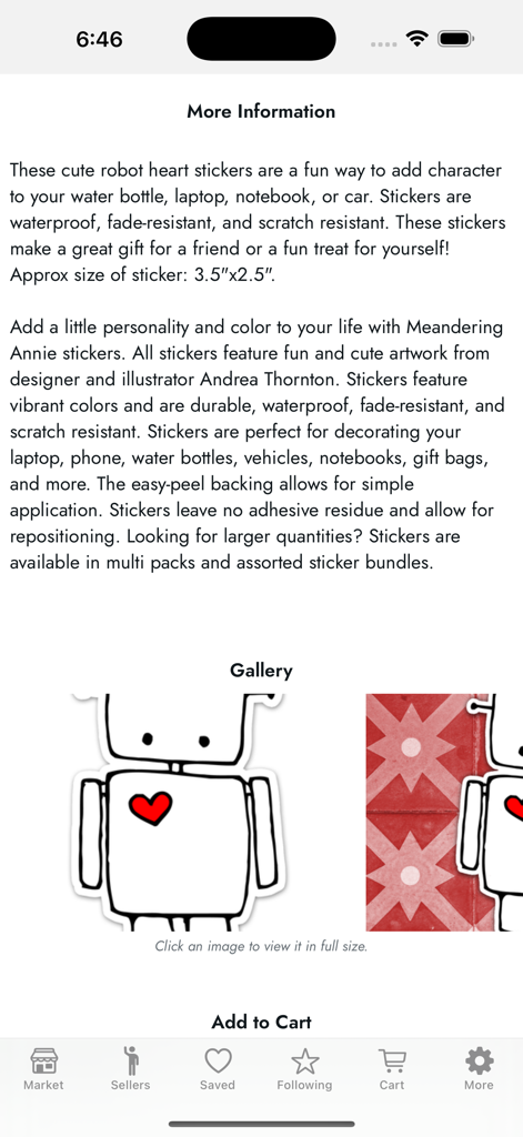 Mayhem Marketplace - Product details page for handmade robot heart stickers on the Mayhem Marketplace app