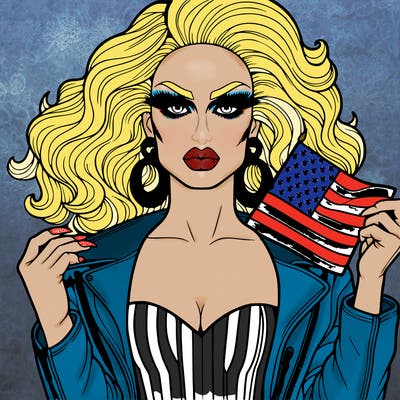 a drag queen with clothes with an american flag realistic