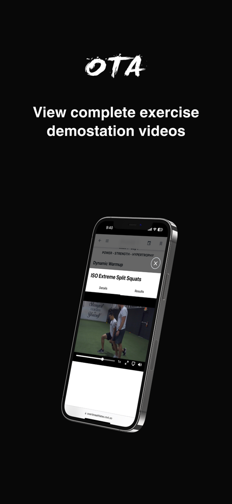 OTA Training - OTAトレーニングアプリから、ISOエクストリームスプリットスクワットのエクササイズデモンストレーションビデオを表示するモバイル画面。