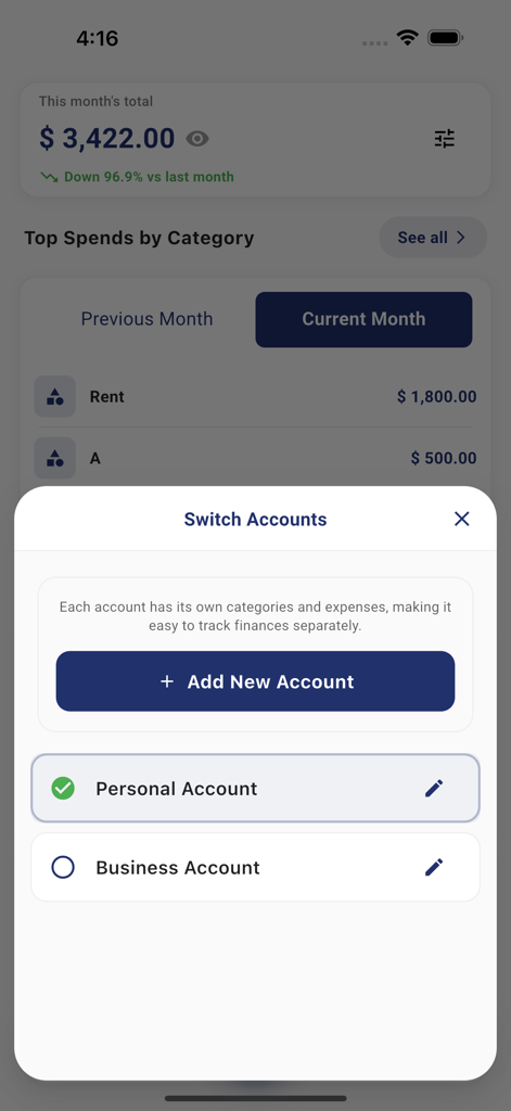 TrackMyExpense - TrackMyExpense app screen showing the switch accounts menu for personal and business expenses