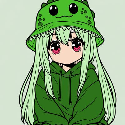 girl with anime shaped eyes with a dinosaur bucket hat oversized sweatshirt long straight hair