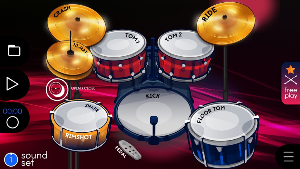 Real Drums 3D - 3D virtual drum kit interface featuring snare toms and cymbals