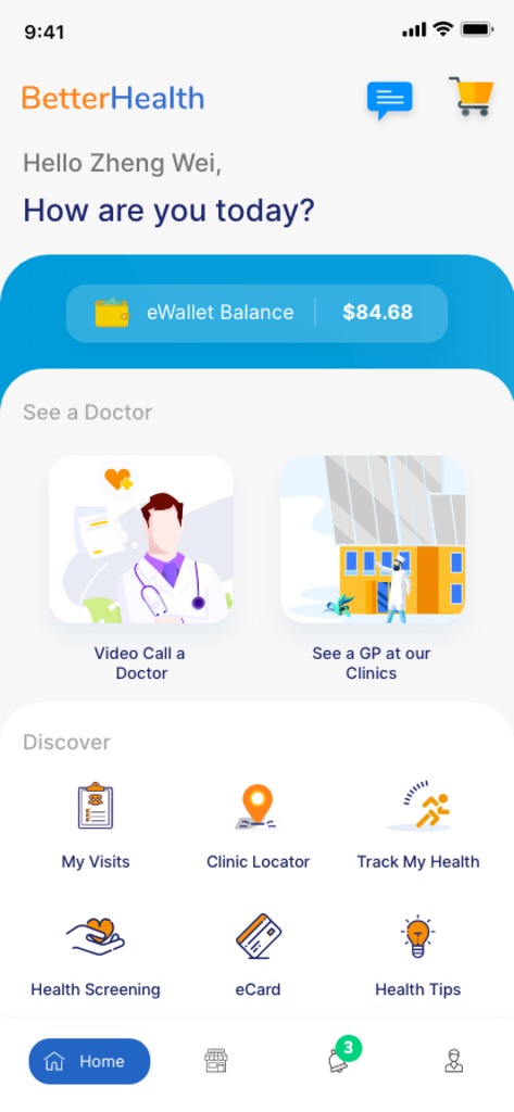 医師とのビデオ通話やクリニックの場所のオプションが表示されたMHC BetterHealthアプリのダッシュボード