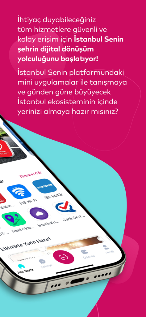 İstanbul Senin - Smartphone-Mockup, das das Dashboard der Istanbul Senin Super-App mit Symbolen für städtische Dienste auf pinkem Hintergrund zeigt.