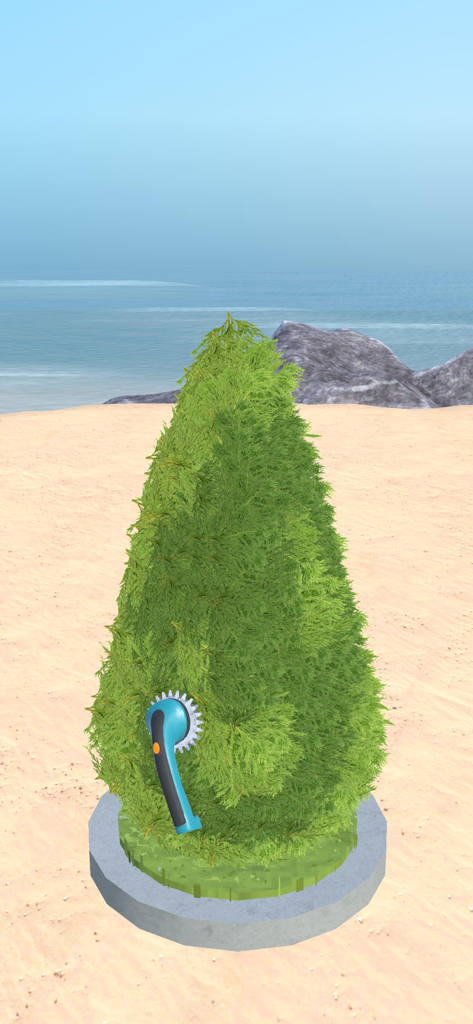 砂浜で緑の茂みを刈り込んでいる様子を示す造園ゲームプレイ