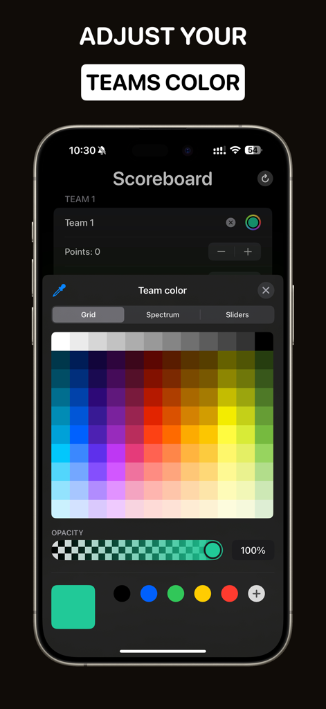 Interface for adjusting team colors using a color picker in the Scoreboard app