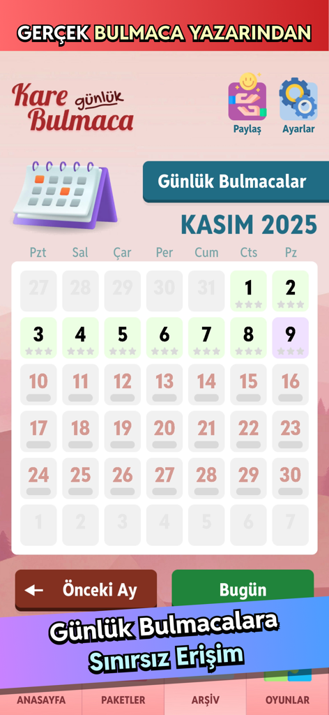 A calendar interface in the Turkish crossword app showing daily puzzles for November 2025