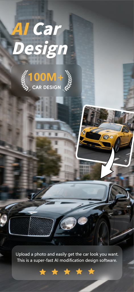 Interface de software de design de carros com IA mostrando um carro de luxo preto sendo modificado num carro esportivo amarelo