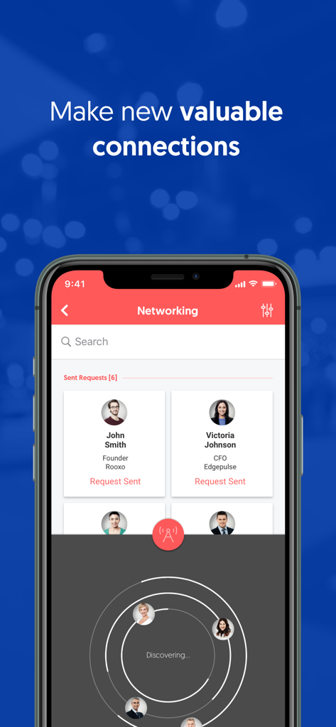 Aventri Events - Aventri Eventsアプリのネットワーキングインターフェース。プロフェッショナルな接続リクエストを表示。