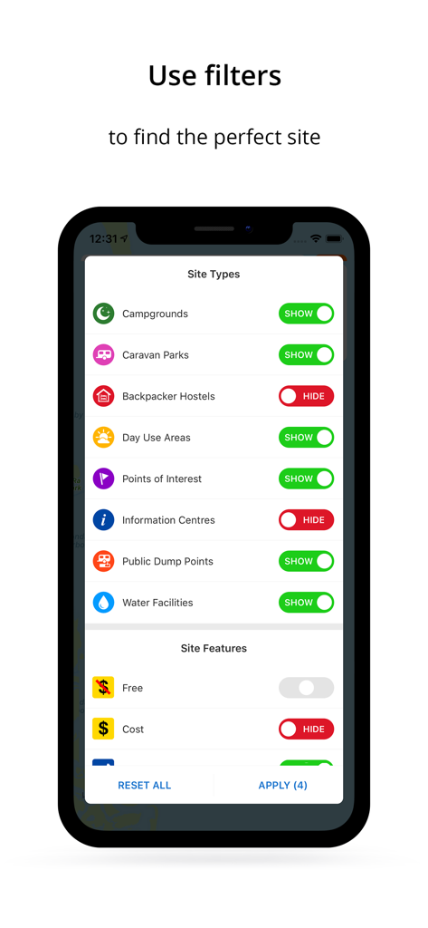 WikiCamps UK - WikiCamps UK mobile app interface showing various site type filters like campgrounds and caravan parks