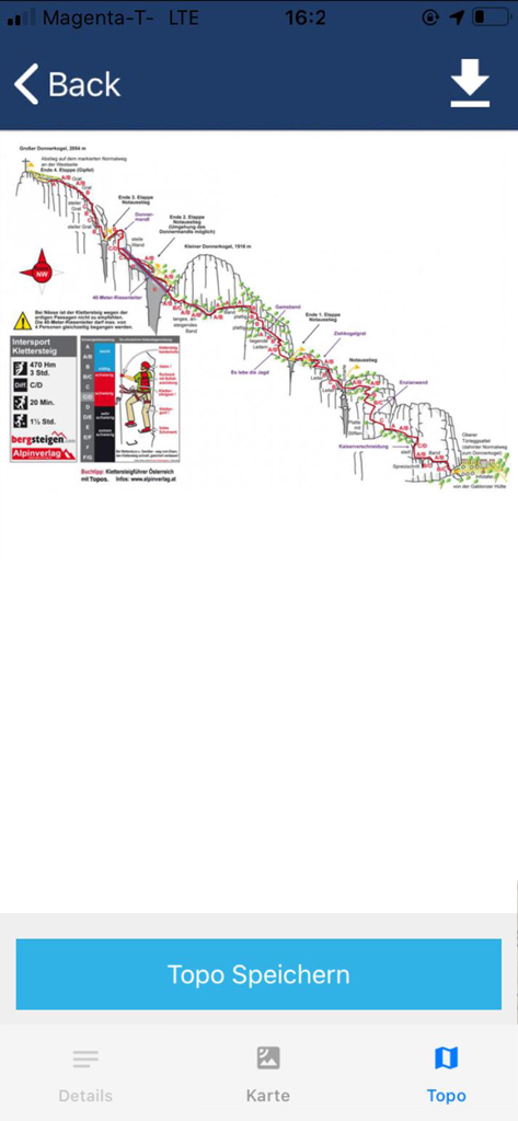 Alpinverlag Touren-App - Topo técnico de escalada de Intersport Klettersteig mostrando la dificultad de la ruta y la elevación
